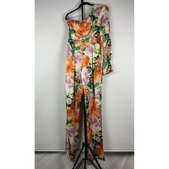 Lulu’s Lovin' It Orange Multi Floral Print Satin One-Shoulder Jumpsuit Size S - Picture 11 of 16